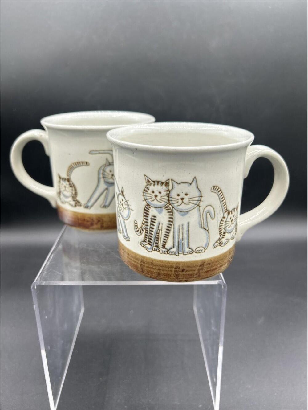 Vintage Ceramic Cat Coffee Mugs with Blue and Brown Tabby Kittens, Pair